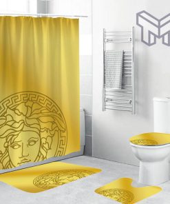 Versace Big Logo In Royal Background Bathroom Set Shower Curtain And Rug Toilet Seat Lid Covers Bathroom Set