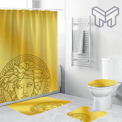 Versace Big Logo In Royal Background Bathroom Set Shower Curtain And Rug Toilet Seat Lid Covers Bathroom Set