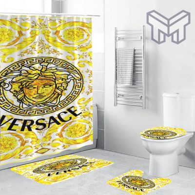 Versace Big Medusa In Baroque Background Bathroom Set Shower Curtain And Rug Toilet Seat Lid Covers Bathroom Set