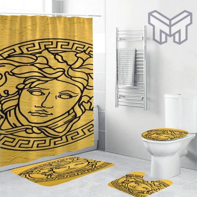 Versace Big Medusa Logo In Golden Background Bathroom Set Shower Curtain Set Shower Curtain And Rug Toilet Seat Lid Covers Bathroom Set