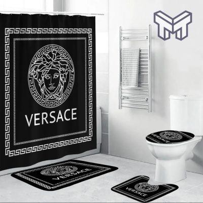 Versace Black Fashion Luxury Brand Premium Bathroom Set Home Decor Shower Curtain And Rug Toilet Seat Lid Covers Bathroom Set