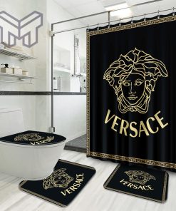 Versace Black Goden Logo Luxury Brand Premium Bathroom Set Home Decor Shower Curtain And Rug Toilet Seat Lid Covers Bathroom Set