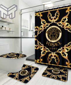 Versace Black Gold Luxury Brand Preium Bathroom Set With Shower Curtain Shower Curtain And Rug Toilet Seat Lid Covers Bathroom Set