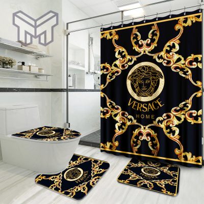 Versace Black Gold Luxury Brand Preium Bathroom Set With Shower Curtain Shower Curtain And Rug Toilet Seat Lid Covers Bathroom Set