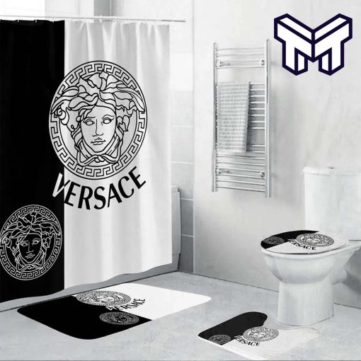 Versace Black White Fashion Luxury Brand Premium Bathroom Set Home Decor Shower Curtain And Rug Toilet Seat Lid Covers Bathroom Set