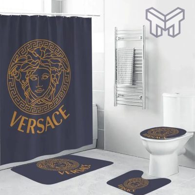 Versace Blue Fashion Bathroom Set Luxury Shower Curtain Bath Rug Mat Home Decor Shower Curtain And Rug Toilet Seat Lid Covers Bathroom Set