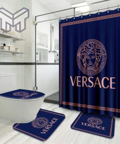 Versace Blue Luxury Brand Preium Bathroom Set With Shower Curtain Shower Curtain And Rug Toilet Seat Lid Covers Bathroom Set