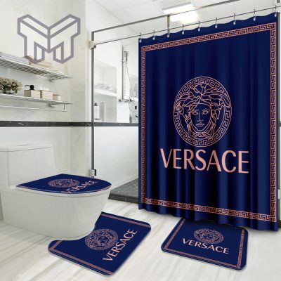 Versace Blue Luxury Brand Preium Bathroom Set With Shower Curtain Shower Curtain And Rug Toilet Seat Lid Covers Bathroom Set