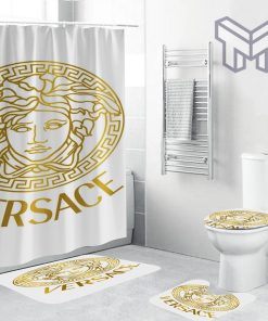 Versace Fancy Big Golden Logo In White Bathroom Set Shower Curtain And Rug Toilet Seat Lid Covers Bathroom Set