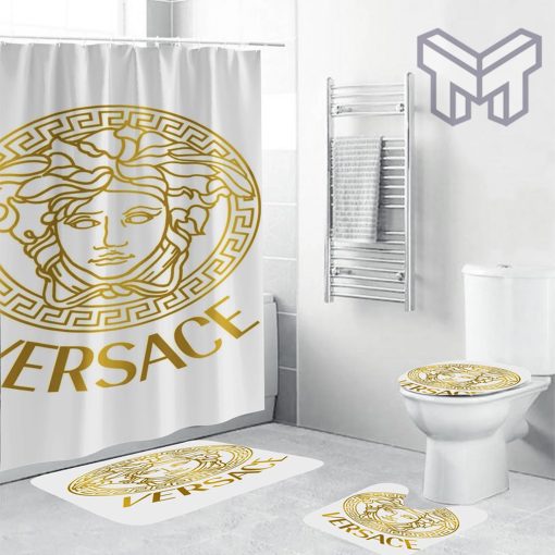 Versace Fancy Big Golden Logo In White Bathroom Set Shower Curtain And Rug Toilet Seat Lid Covers Bathroom Set