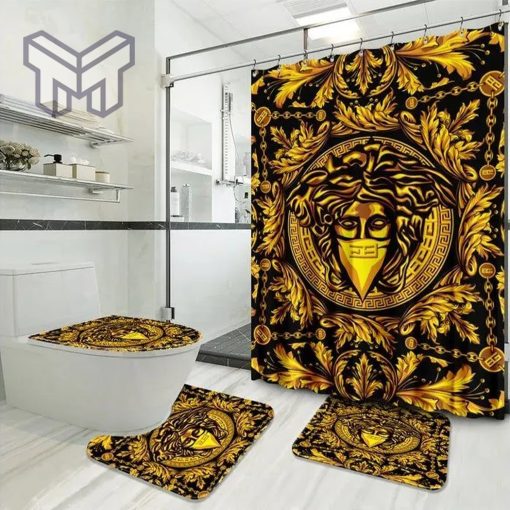 Versace Fashion Logo Limited Luxury Brand Bathroom Set Home Decor 02 Shower Curtain And Rug Toilet Seat Lid Covers Bathroom Set