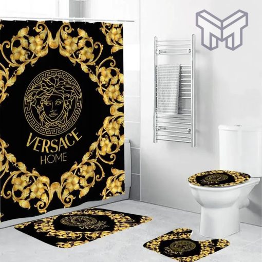 Versace Fashion Logo Limited Luxury Brand Bathroom Set Home Decor 03 Shower Curtain And Rug Toilet Seat Lid Covers Bathroom Set