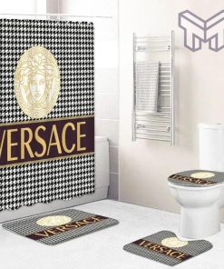 Versace Fashion Logo Limited Luxury Brand Bathroom Set Home Decor 06 Shower Curtain And Rug Toilet Seat Lid Covers Bathroom Set