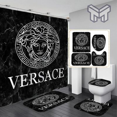 Versace Fashion Logo Limited Luxury Brand Bathroom Set Home Decor 08 Shower Curtain And Rug Toilet Seat Lid Covers Bathroom Set