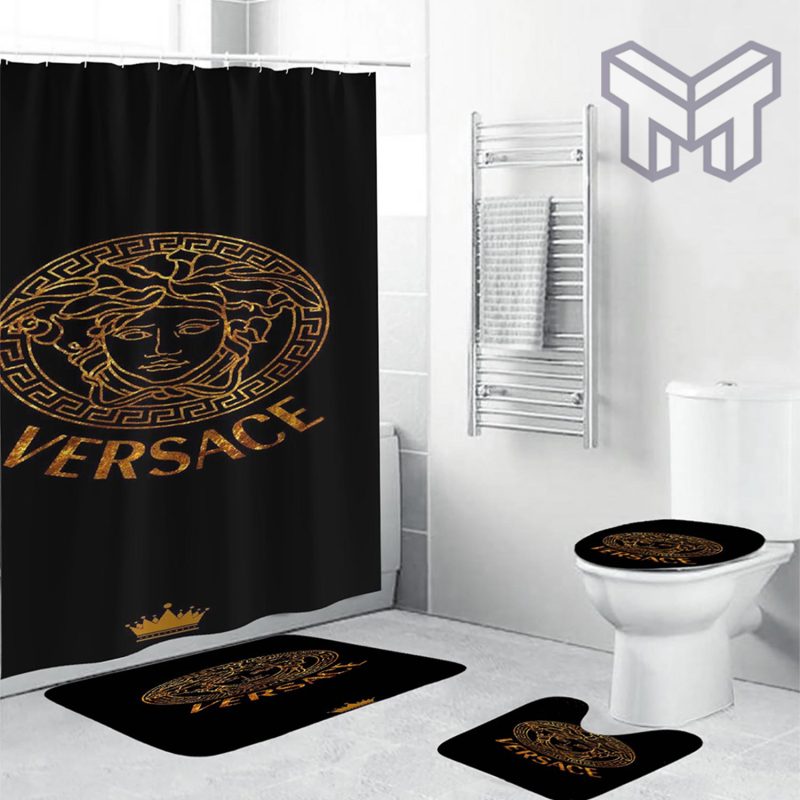 Versace Golden Glitter Logo In Black Bathroom Set Shower Curtain And Rug Toilet Seat Lid Covers Bathroom Set