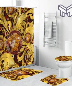 Versace Golden Logo Fashion Luxury Brand Premium Bathroom Set Home Decor Shower Curtain And Rug Toilet Seat Lid Covers Bathroom Set