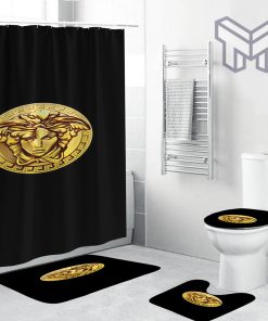 Versace Golden Logo In Mistic Black Bathroom Set Shower Curtain Set Shower Curtain And Rug Toilet Seat Lid Covers Bathroom Set
