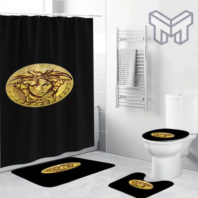 Versace Golden Logo In Mistic Black Bathroom Set Shower Curtain Set Shower Curtain And Rug Toilet Seat Lid Covers Bathroom Set