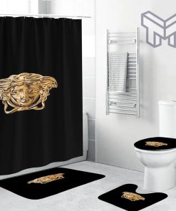 Versace Golden Medusa Face In Black Bathroom Set Shower Curtain Set Shower Curtain And Rug Toilet Seat Lid Covers Bathroom Set
