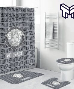 Versace Medusa Grey Fashion Luxury Brand Premium Bathroom Set Home Decor Shower Curtain And Rug Toilet Seat Lid Covers Bathroom Set