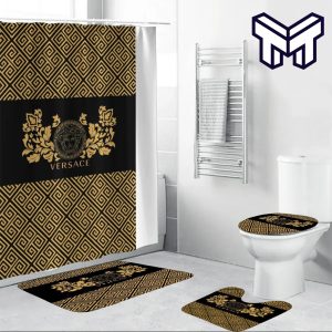 Versace Medusa Pattern Fashion Luxury Brand Premium Bathroom Set Home Decor Shower Curtain And Rug Toilet Seat Lid Covers Bathroom Set