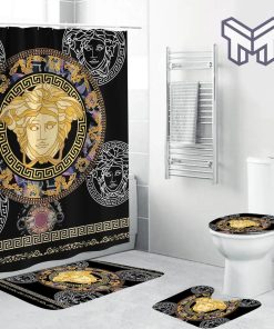 Versace Medusa Pattern Luxury Brand Fashion Premium Bathroom Set Home Decor Shower Curtain And Rug Toilet Seat Lid Covers Bathroom Set