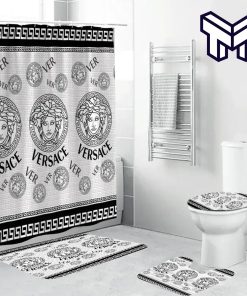 Versace Medusa White Black Fashion Luxury Brand Premium Bathroom Set Home Decor Shower Curtain And Rug Toilet Seat Lid Covers Bathroom Set