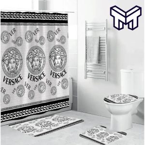 Versace Medusa White Black Fashion Luxury Brand Premium Bathroom Set Home Decor Shower Curtain And Rug Toilet Seat Lid Covers Bathroom Set