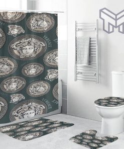 Versace Silver Logo Pattern In Blue Grey Background Bathroom Set Shower Curtain Set Shower Curtain And Rug Toilet Seat Lid Covers Bathroom Set