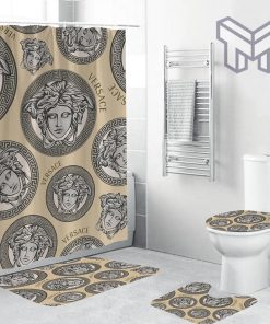 Versace Silver Logo Pattern In Sand Background Bathroom Set Shower Curtain Set Shower Curtain And Rug Toilet Seat Lid Covers Bathroom Set