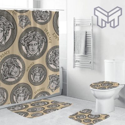 Versace Silver Logo Pattern In Sand Background Bathroom Set Shower Curtain Set Shower Curtain And Rug Toilet Seat Lid Covers Bathroom Set