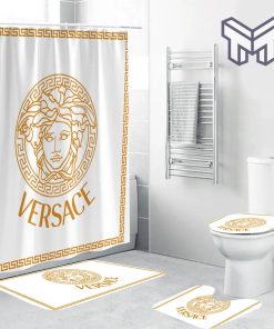 Versace White Golden Logo Fashion Luxury Brand Premium Bathroom Set Home Decor Shower Curtain And Rug Toilet Seat Lid Covers Bathroom Set
