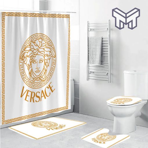 Versace White Golden Logo Fashion Luxury Brand Premium Bathroom Set Home Decor Shower Curtain And Rug Toilet Seat Lid Covers Bathroom Set