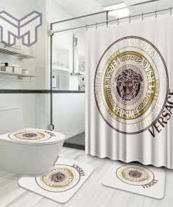 Versace White Logo Luxury Brand Premium Bathroom Set Home Decor Shower Curtain And Rug Toilet Seat Lid Covers Bathroom Set