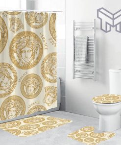 Versace Yellow Logo Pattern In Beige Background Bathroom Set Shower Curtain Set Shower Curtain And Rug Toilet Seat Lid Covers Bathroom Set