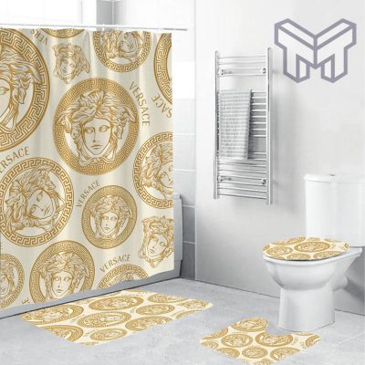 Versace Yellow Logo Pattern In Beige Background Bathroom Set Shower Curtain Set Shower Curtain And Rug Toilet Seat Lid Covers Bathroom Set