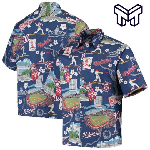 Washington Nationals Hawaiian shirt, MLB scenic Aloha shirt, Nationals Hawaiian shirt and shorts, Navy Hawaiian shirt for Nationals fans.