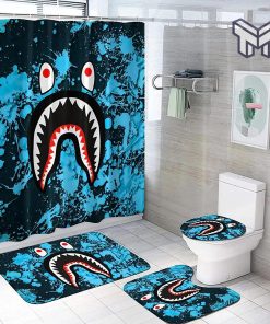A Bathing Ape Waterproof Bath Curtain with 12 Hooks Shark Mouth Teeth Shower Curtain And Rug Toilet Seat Lid Covers Bathroom Set