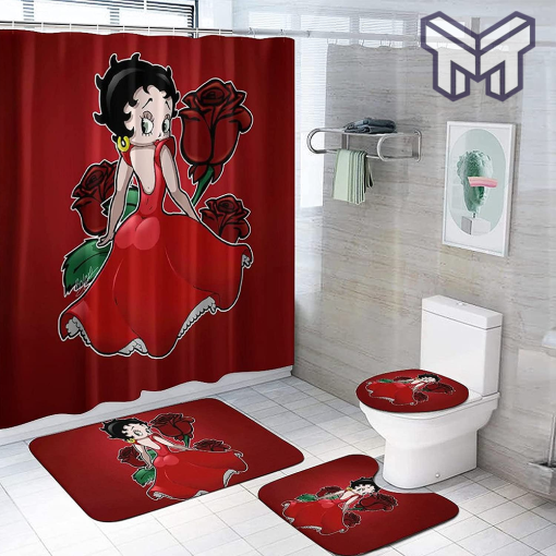 Betty Boop and Rose Bathroom Set With Shower Curtain Shower Curtain And Rug Toilet Seat Lid Covers Bathroom Set