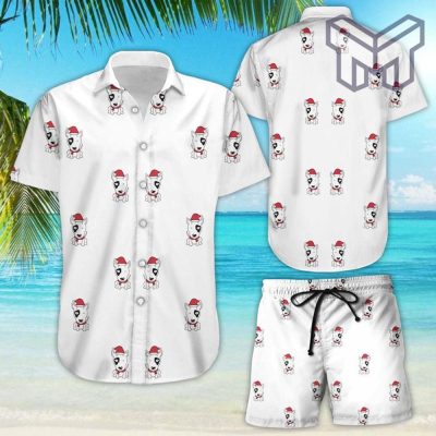 Bull Terrier Hawaiian Shirt - Cute Bull Terrier With Hat Santa Print Hawaiian Shirt And Shorts