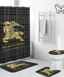Burberry Logo Gold Shower Curtains Vibrant Vibes Home Decor – Shower Curtain And Rug Toilet Seat Lid Covers Bathroom Set