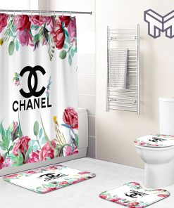 Chanel flower bathroom set hot 2023 luxury shower curtain bath rug mat home decor