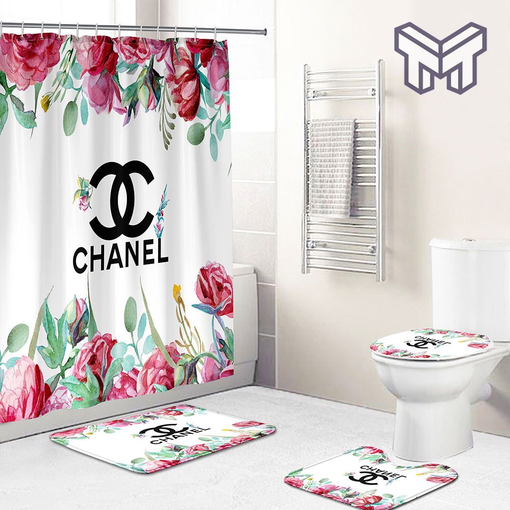 Chanel White Bathroom Set Hot 2023 Luxury Shower Curtain Bath Rug