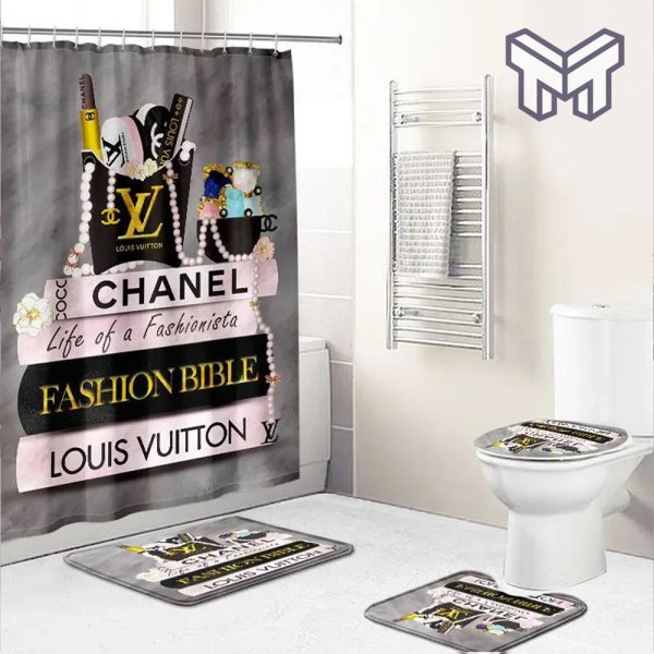 Chanel louis vuitton fashion bathroom set hot 2023 luxury shower curtain bath rug mat home decor