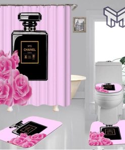 Chanel perfume bathroom set hot 2023 luxury shower curtain bath rug mat home decor