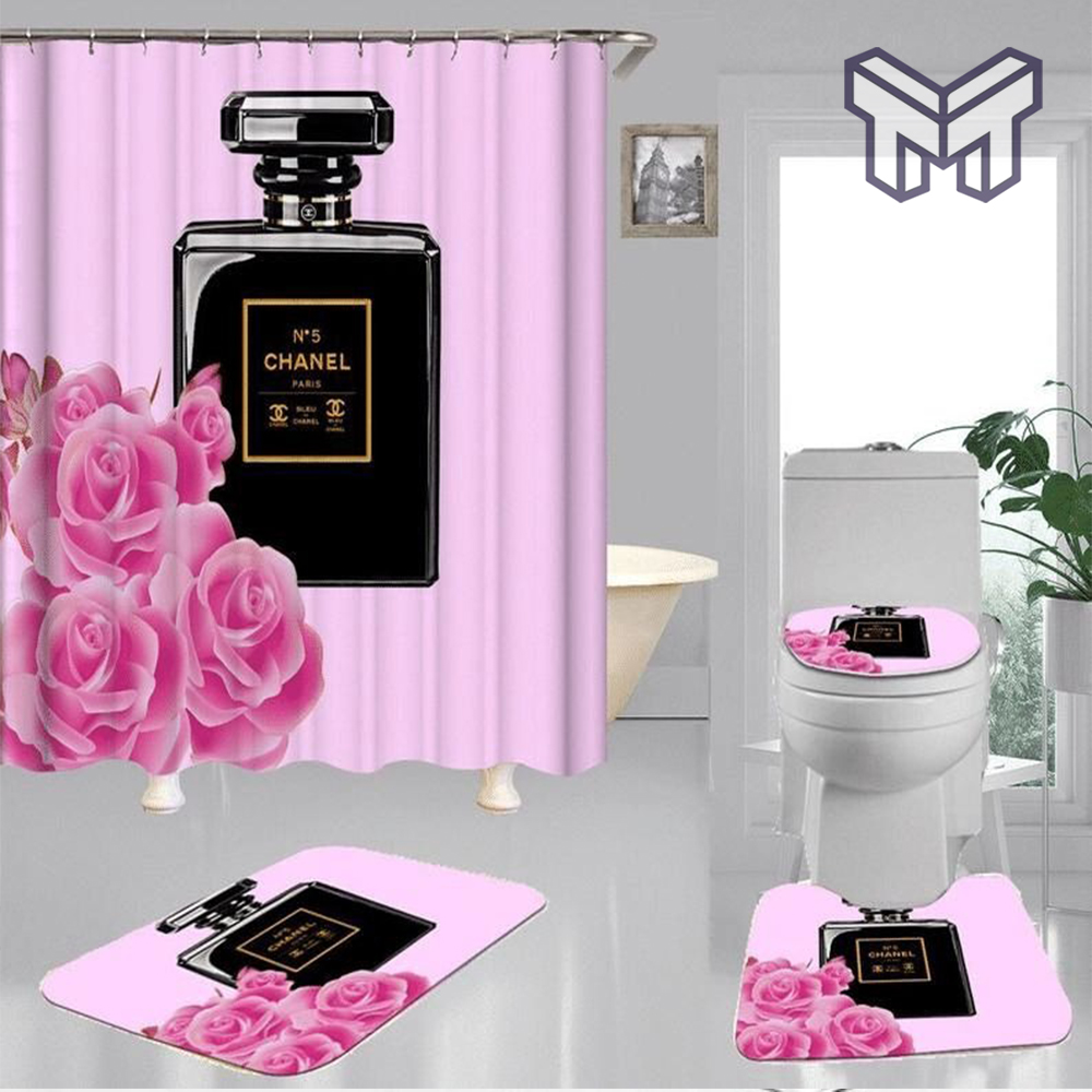 Coco Chanel Pink Parfum In Black And White Stripes Background