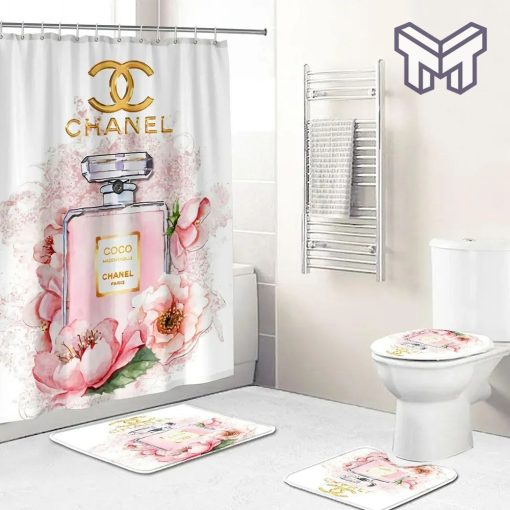 Chanel perfume bathroom set hot 2023 luxury shower curtain bath rug mat home decor