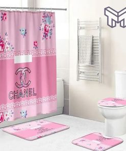 Chanel pink flower bathroom set hot 2023 luxury shower curtain bath rug mat home decor