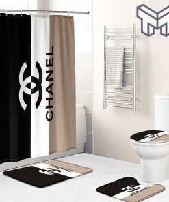 Chanel shower curtain black and white beige Bathroom Set With Shower Curtain Shower Curtain And Rug Toilet Seat Lid Covers Bathroom Set Type 01