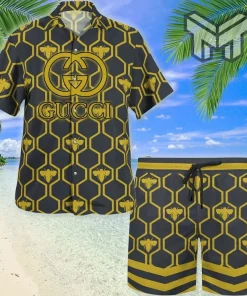 Introducing the Gucci Bee Black Hawaii Set. This set features a luxury brand Hawaiian shirt and shorts. The shirt is a vibrant black and features a colorful feather pattern on the front. The shorts are a comfortable, breathable cotton fabric that will keep you cool and comfortable during your vacation. The set is perfect for any occasion, and will make a statement on the island. Order now and experience the luxurious style of Gucci Bee!